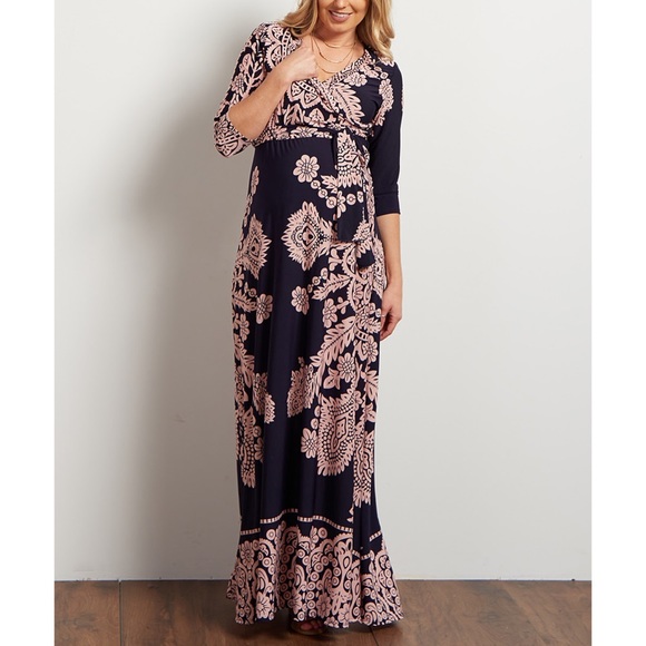 Pinkblush Maternity Navy & Pink Baroque Maxi Dress - Picture 1 of 4